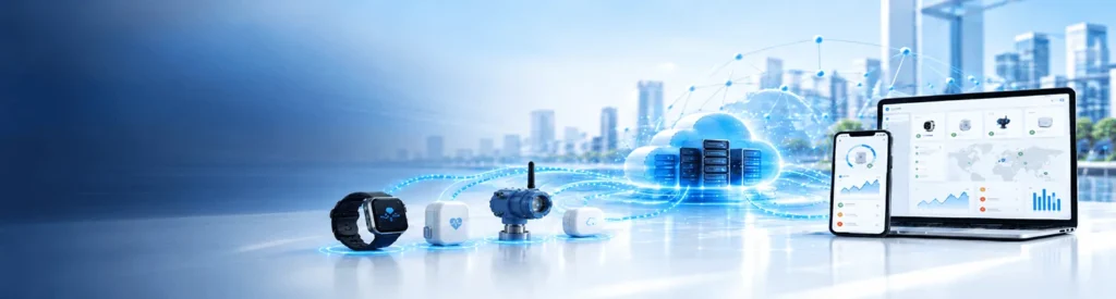 IoT application development showing connected devices, cloud infrastructure and mobile dashboard