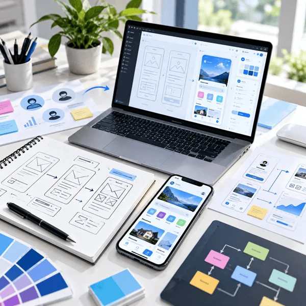 UI UX design process showing research, wireframes, prototypes and interface design