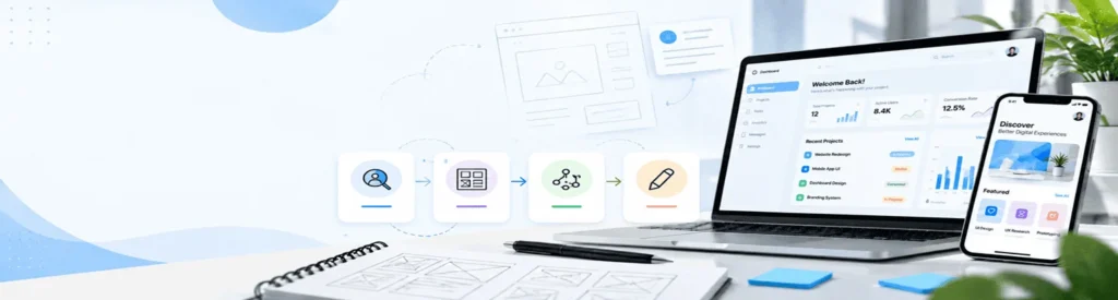UI UX design services workflow with research, wireframing, prototyping and interface design